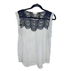 Pleione Blouse Womens Large Lace Yoke Sleeveless Geometric Scalloped Black White